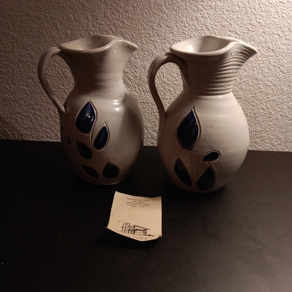 EXQUISITE Pair of Williamsburg Art Pottery Cobalt Salt Glaze 7" Pitchers.